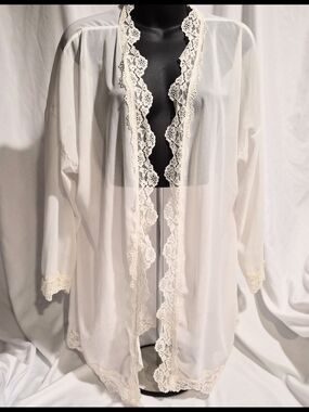 Vintage Sheer White Lace Trim Robe | Romantic Bridal Peignoir Duster | Size L/XL